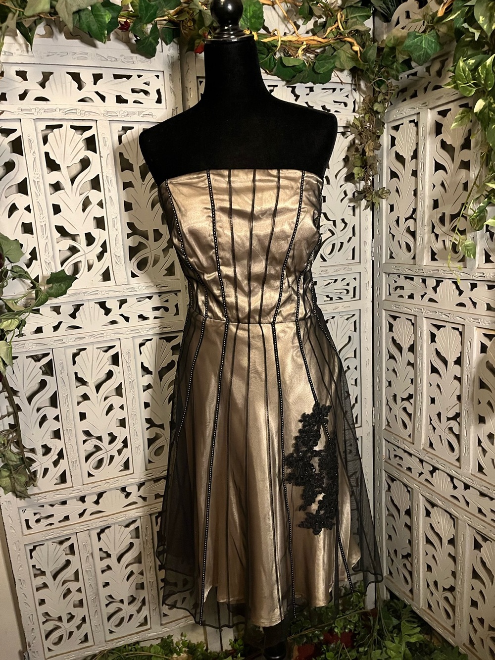 SIGNATURE SANGRIA CHAMPAGNE GOLD & SHEER BLACK STRAPLESS FORMAL COCKTAIL DRESS